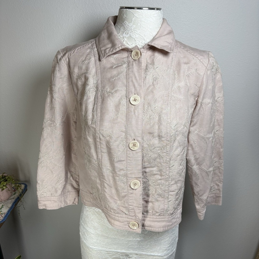 Chicos 1 Womens M Light Pink Button Up Jacket Embroidered Linen Blend Pockets